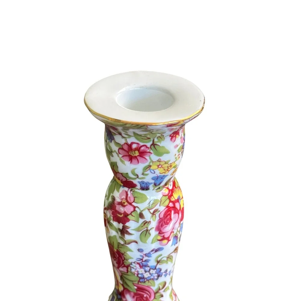 Royal Cotswolds Chintz Candlestick Holder Floral Rose Porcelain‎ Gold Rim 7 Inch